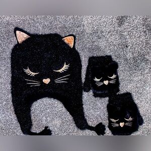 CHILDREN’S PLACE  Black Cat-Themed Winter Hat & FINGERLESS Gloves Set. SM (4-7)